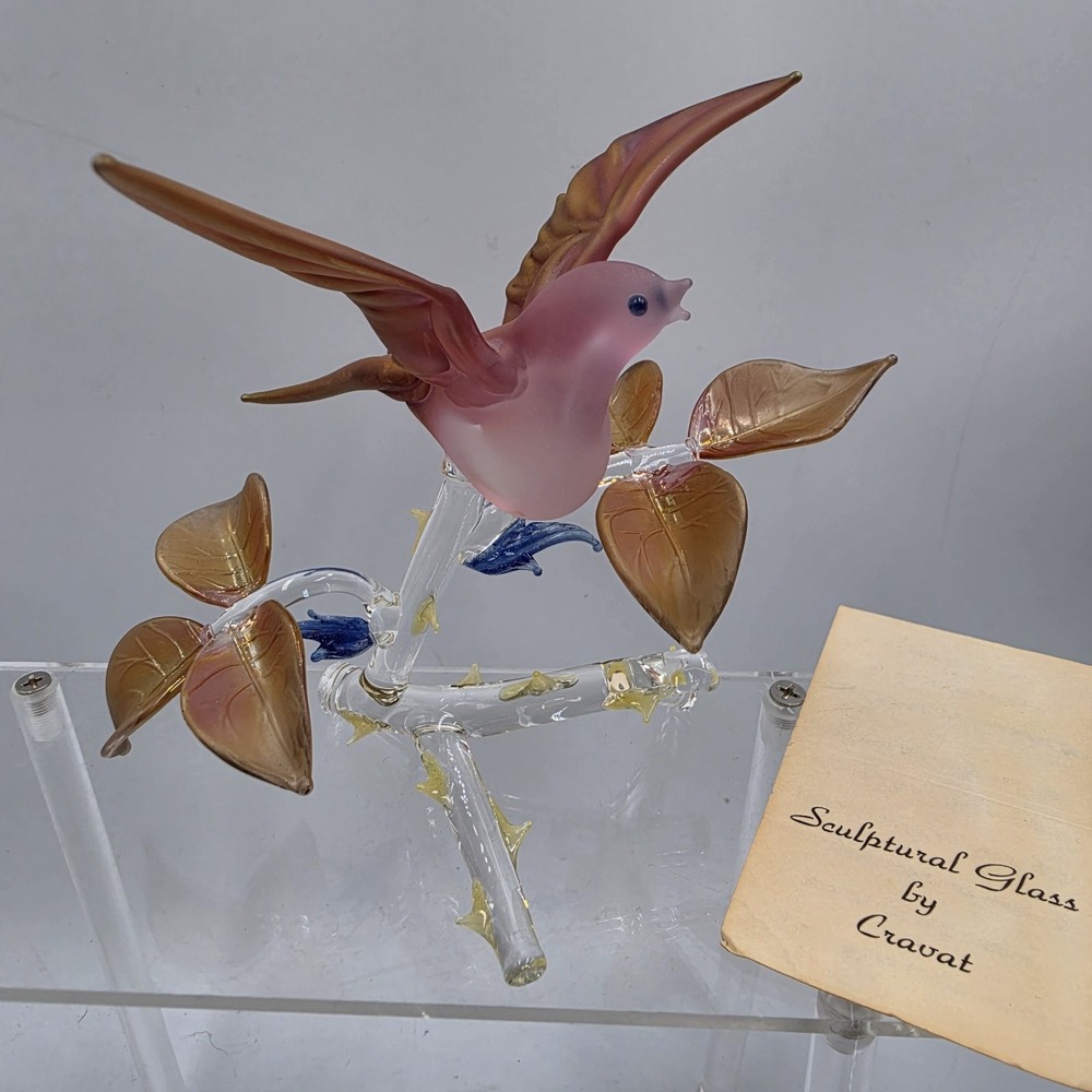 Rex Cravat Signed 1985 Studio Art Glass Bird Figurine Branch Leaf Sculpture Tag